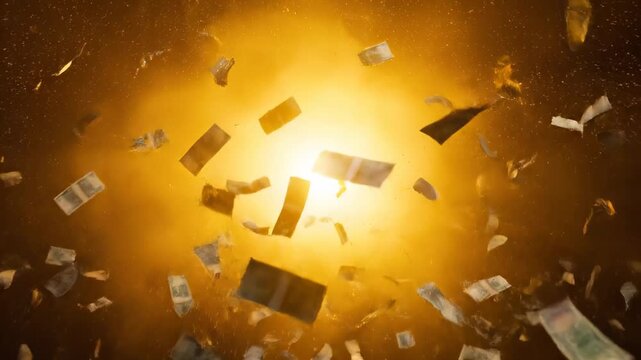 Dramatic bank note explosion with flying cash and golden light