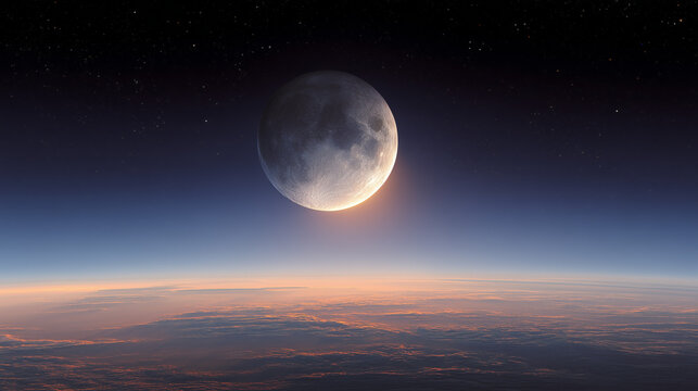 Moon Rising Above Earth Horizon in Deep Space View