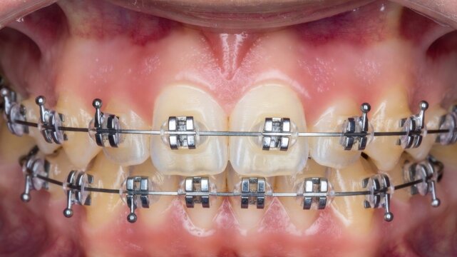 Close-up of metal braces on teeth of adult caucasian female.
