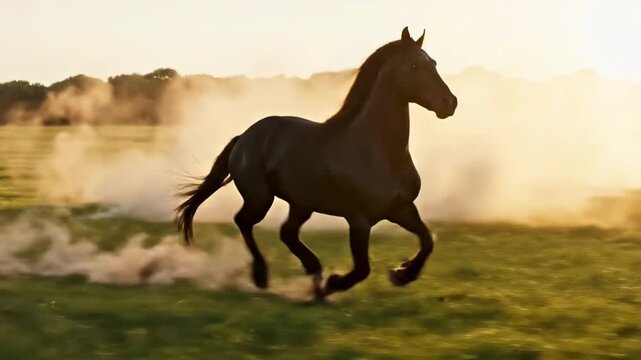 Majestic horse running freely in a green field at sunset.