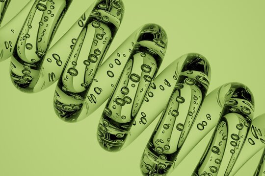 Transparent spiral shapes with air bubbles inside on green background, abstract 3D render for biotechnology, healthcare, cosmetic branding, laboratory research and science design