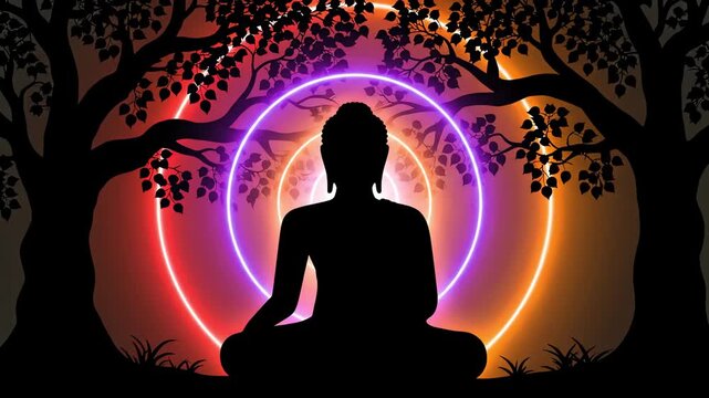 A serene buddha silhouette meditates under sacred bodhi trees, radiating vibrant neon enlightenment for buddha purnima.