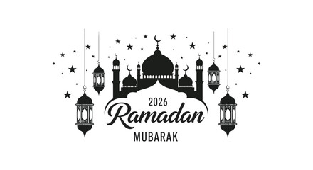 Elegant ramadan kareem greeting with a mosque lanterns stars and calligraphy a striking silhouette high quality professional detailed © MIRAJ02