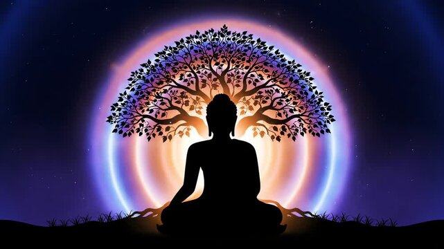 A serene silhouette of buddha meditating under the sacred bodhi tree with a vibrant glowing aura, celebrating buddha purnima.