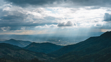 Nan province ariel view of landscape mountain rain forest layer sunlight travel in Thailand