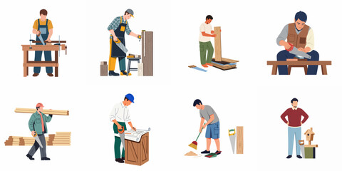 Illustrations of men engaged in various woodworking, carpentry, and construction tasks. Depicting handymen, craftsmen, and DIY enthusiasts sawing, measuring, carrying wood, and building. © Nadya