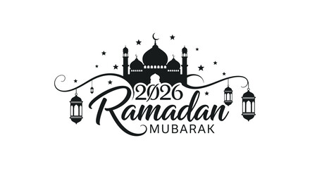 A decorative ramadan kareem greeting featuring a mosque and lanterns shown in dark silhouette high quality professional detailed © MIRAJ02