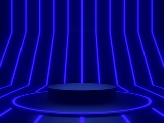 3D Black podium with blue striped neon lights