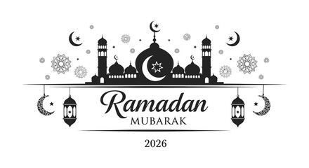 A decorative ramadan kareem greeting featuring a mosque and crescent moon presented as a silhouette high quality professional © MIRAJ02