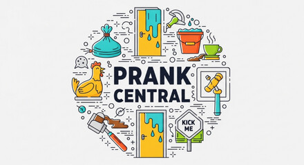 Obraz premium Colorful prank central concept with various humorous icons and tools for playful jokes and tricks