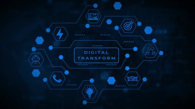 Digital network diagram with interconnected blue hexagons and a central rectangular frame against a dark blurred background representing technology and data flow