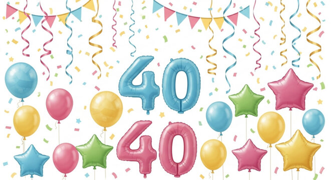 Vibrant 40th birthday celebration background with colorful balloons streamers and confetti