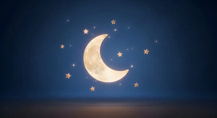 Naklejka premium Crescent moon and stars in dark blue night sky
