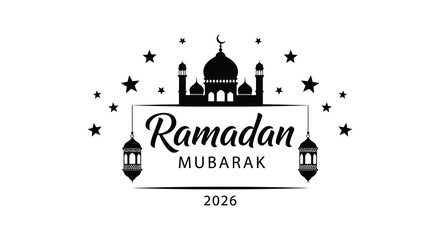 A decorative ramadan mubarak greeting featuring a mosque and stars in black silhouette high quality professional detailed modern © MIRAJ02