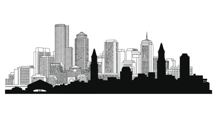 A striking black cityscape with numerous high rise buildings and a distinct skyline silhouette high quality professional detailed modern