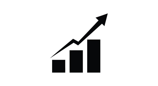 A stark black graphic represents increasing growth with bar charts and an upward trend silhouette high quality professional