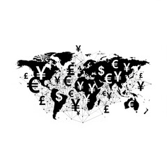Black and white world map with currency symbols