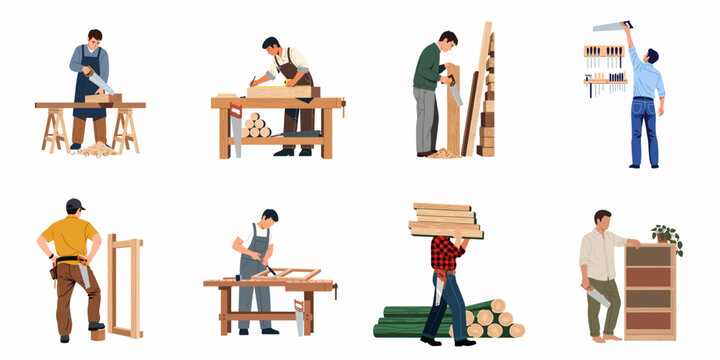 Set of illustrations depicting skilled woodworkers and carpenters engaged in various aspects of woodworking, from timber preparation to crafting wooden items and furniture.
