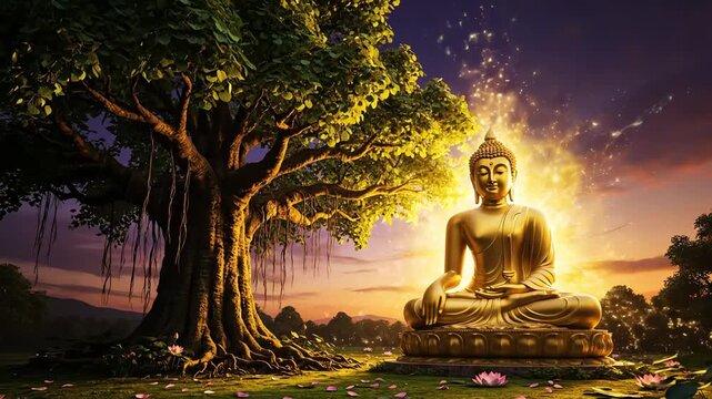 Serene golden buddha statue meditates under a sacred bodhi tree at sunset, celebrating buddha purnima.