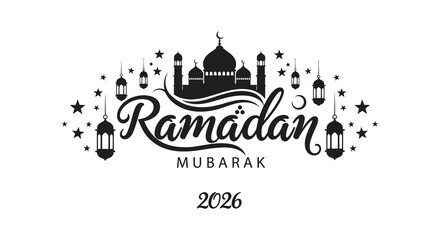 A decorative ramadan mubarak greeting featuring a mosque and lanterns presented in a striking silhouette high quality professional © MIRAJ02