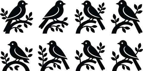 Stylized black silhouette illustration of eight birds perched on leafy branches in repetitive arrangement, symbolizing wildlife, nature, artistic decoration, and creative design for educational or 