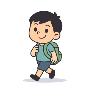 Calm Boy Walking a School with Green Backpack, Cute Flat Vector Cartoon Character