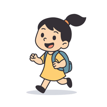 Cheerful School Girl with Blue Backpack and Yellow Frock, Cute Flat Vector Cartoon Character