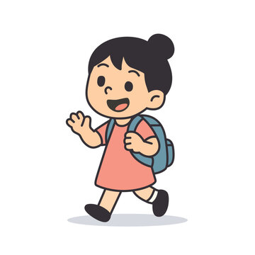 Friendly Elementary Girl Greeting with Blue Backpack,  Minimal Vector Cartoon in Pink Frock