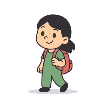 Peaceful School Girl in Green Overalls with Red Backpack, Cute Flat Vector Cartoon Character