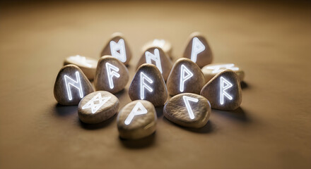 A collection of rune stones with white letters on a brown surface
