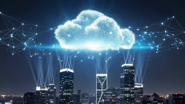 Cinematic Cloud Computing Concept, Glowing Digital Cloud Above City Skyline at Night, Blue Neon Data Flow, Futuristic Technology Background, 4K Stock Footage