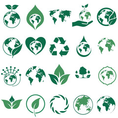 Obraz premium Minimalist eco-friendly globe icons and global map symbol set