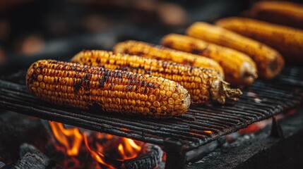 Grilled Corn on the Cob on a Barbecue Grill with Flames