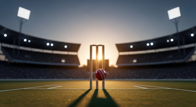 Cricket Wicket in Dramatic Sunset Lighting on Green Field with Stadium Seating for Sports Event
