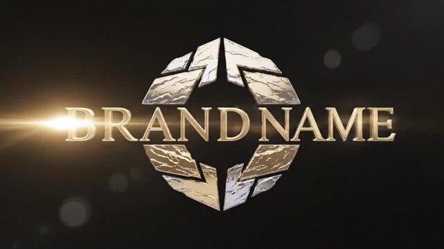 Golden 3D brand name logo reveal with breaking stone and light effects.