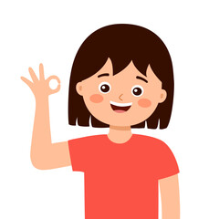 Happy Smiling girl child with gesturing ok sign in flat design.