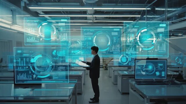 Innovative Scientist Operating Holographic Data Screens in Advanced Laboratory with analytics, system metrics, circular data visualizations, symbolizing artificial intelligence research