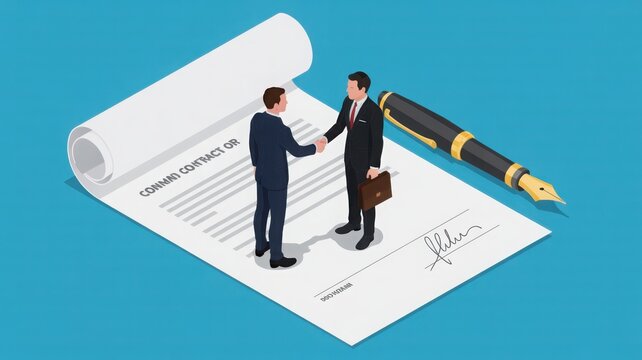 Isometric illustration of two businessmen shaking hands over a signed contract and a fountain pen, symbolizing agreement, partnership, and successful business deals on a blue background.