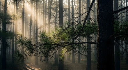 Obraz premium Golden morning sunlight filtering through the fog and branches of a dense evergreen woodland create a peaceful atmosphere