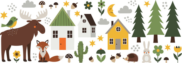 Obraz premium Cute Woodland Forest Animals and Cozy Houses with Trees, Moon and Nature Elements Vector Illustration Set