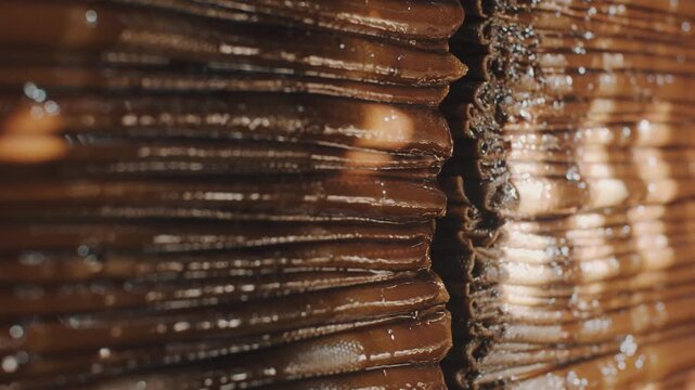 Close-up macro shot of stacked, wet, brown, textured layers with subtle light reflections