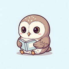 Obraz premium Adorable cartoon owl with big eyes reading a book, illustration style