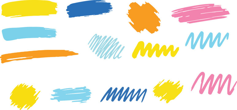A collection of vibrant colorful brush strokes, scribbles, and wavy lines created with markers or highlighters on a clean white background