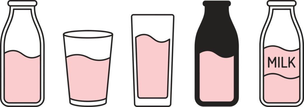Milk Bottle and Glass Icon Set with Dairy Beverage Containers in Outline and Solid Style for Grocery and Food Design