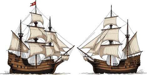 Vintage wooden sailing ship illustration, old pirate galleon with sails isolated on white background nautical vector artwork © Tanjimul