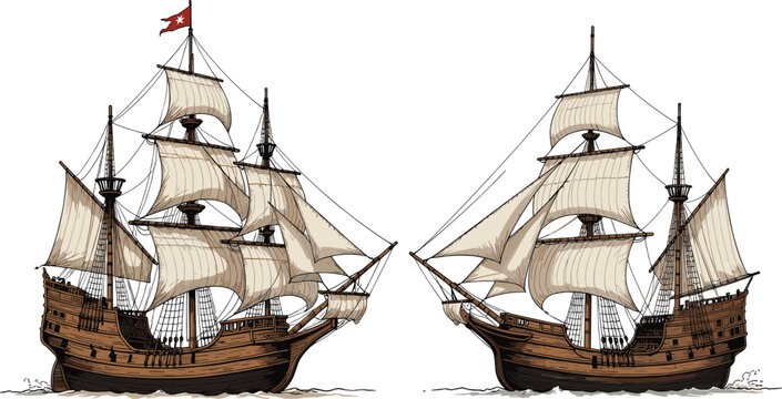 Vintage wooden sailing ship illustration, old pirate galleon with sails isolated on white background nautical vector artwork