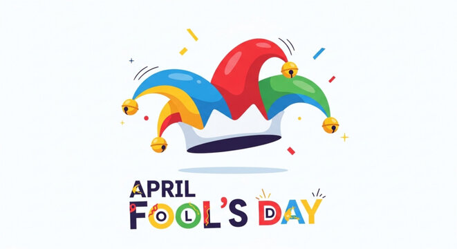 Colorful jester hats celebrate april fool's day with confetti on white background