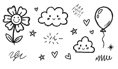 Obraz premium SEO Title Cute Kids Doodle Sketch Icon Set with Flower Cloud Balloon and Heart Childlike Hand Drawn Vector
