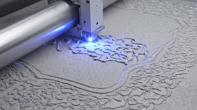 Advanced machine with blue light precisely shaping a textured grey surface