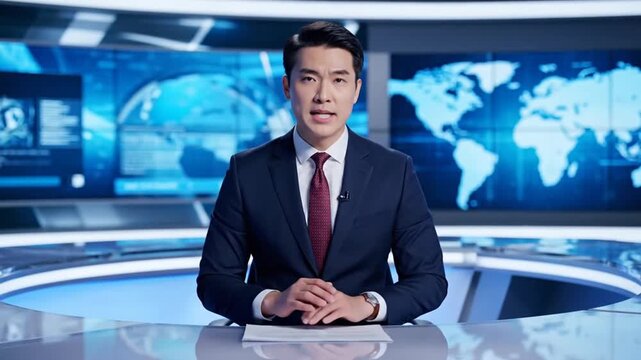 News Anchor Presenting Global Report in Modern Studio